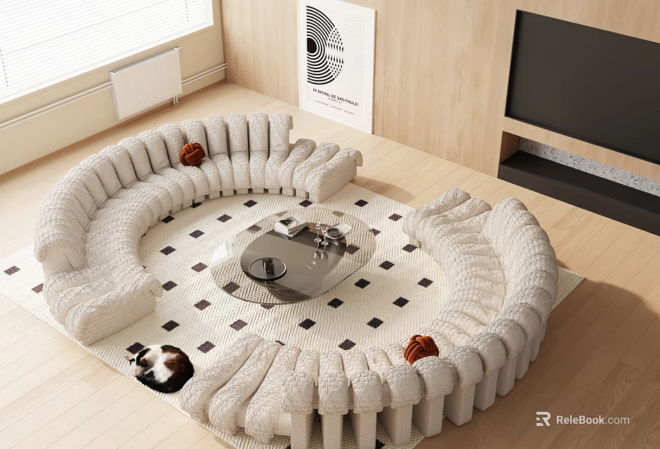 Modern Round Sofa and Coffee Table Set With Cozy Pillows Checkered Rug and Wooden TV Wall 3d model 