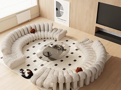 Modern Round Sofa and Coffee Table Set With Cozy Pillows Checkered Rug and Wooden TV Wall 3d model