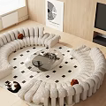 Modern Round Sofa and Coffee Table Set With Cozy Pillows Checkered Rug and Wooden TV Wall
