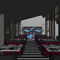 Stylish Restaurant Interior With Colorful Patterned Wall Red Seating And Striped Flooring