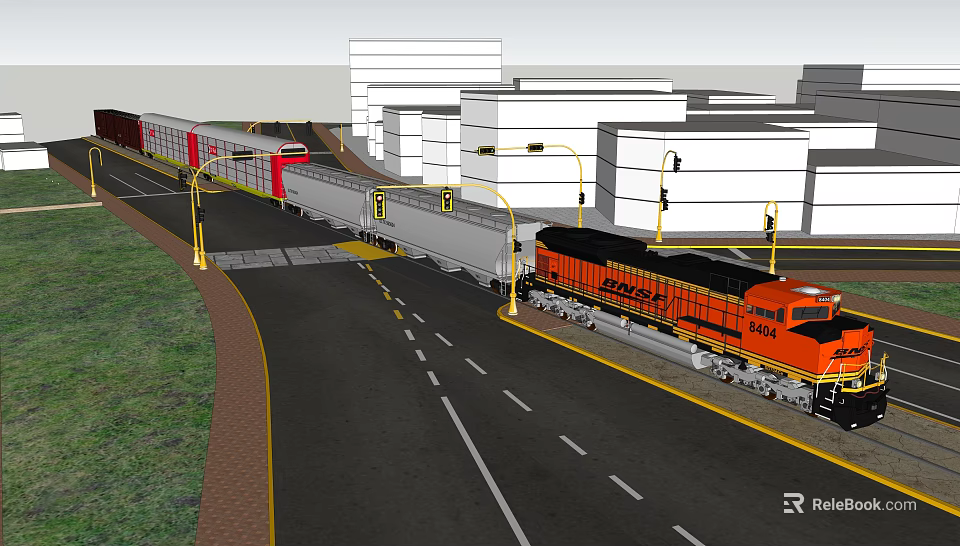 Urban Road Infrastructure Featuring Traffic Lights Railway Crossing And Surrounding Buildings 3d model 