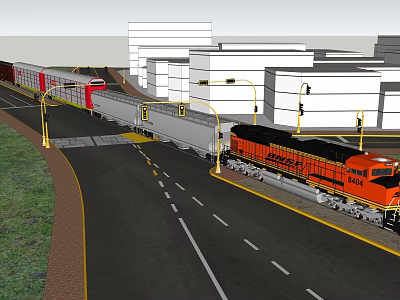 Urban Road Infrastructure Featuring Traffic Lights Railway Crossing And Surrounding Buildings 3d model