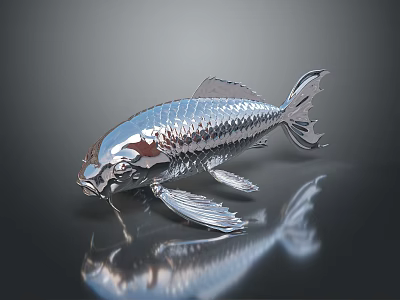Silver Metallic Fish with Scaly Texture on Smooth Black Surface and Clear Reflection 3d model