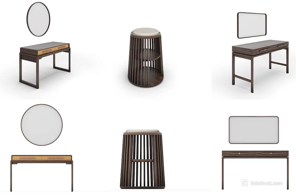 Modern Wooden Dressing Table Design With Mirror And Stool Set 3d model