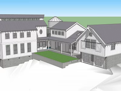 Modern Office Building With White Exterior Gray Roof Green Lawn And Courtyard Design 3d model