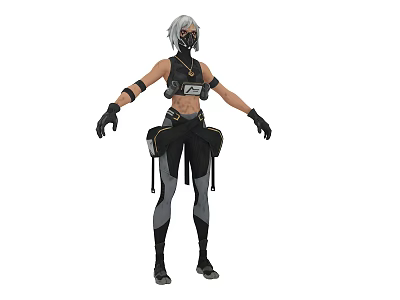 Woman Character With Silver Gray Hair Mask Sleeveless Top Black Gloves And Pants 3d model