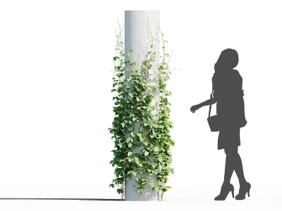 Lush Green Vines Climbing Up Tall White Column with Woman Silhouette Standing Beside 3d model