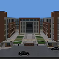 Modern Red Brick School Building With Central Square Green Lawn And Main Entrance