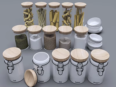 Practical Kitchen Storage Jars With Wooden Lids For Spices Pasta And Ceramic Bowls Plates 3d model