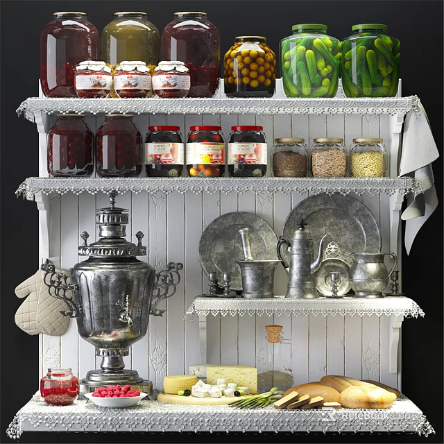 Vintage Kitchen Shelf With Glass Jars Ingredients Silver Kitchenware Plates Cheese And Bread 3d model 