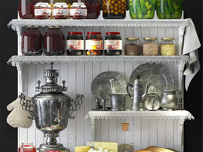 Vintage Kitchen Shelf With Glass Jars Ingredients Silver Kitchenware Plates Cheese And Bread 3d model