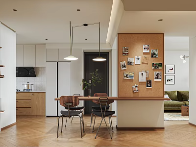 Cozy Natural Wood Style Open Plan Living And Dining Room Interior Design With Photo Wall 3d model
