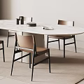 Modern Dining Table And Chairs Set With Marble Top Four Brown Chairs Pendant Light