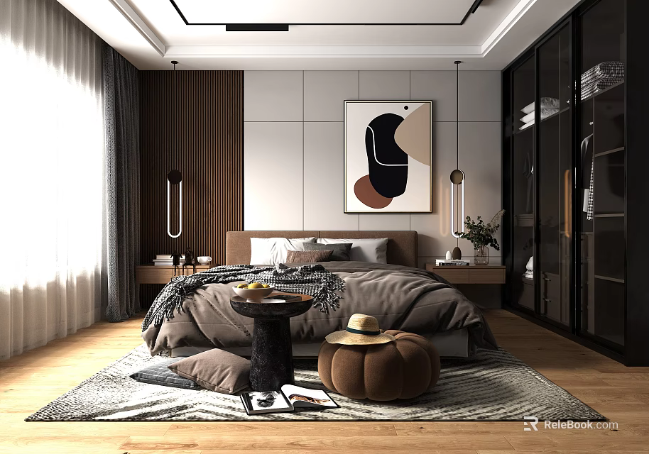 Modern Bedroom Interior Design With Bedside Lamps Abstract Wall Art Soft Rug And Natural Light 3d model 