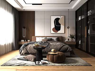 Modern Bedroom Interior Design With Bedside Lamps Abstract Wall Art Soft Rug And Natural Light 3d model