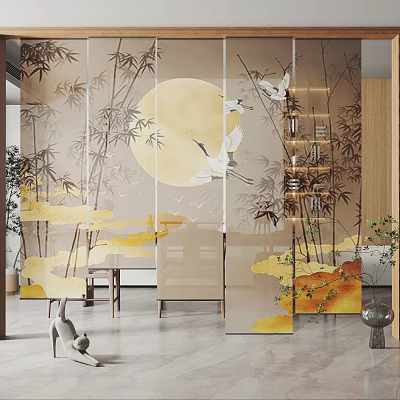 Landscape Painting Print Blinds With Bamboo Crane And Moon For Modern Interior Decor 3d model
