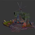 Cartoon Scene Featuring Windmill Stone Platform Tents Steps Tiny Figures And Small Plants 3d model