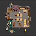 Detailed Multi Level Building Model With Cat Shaped Roof Workshop Shop Furniture And Decorative Pipes