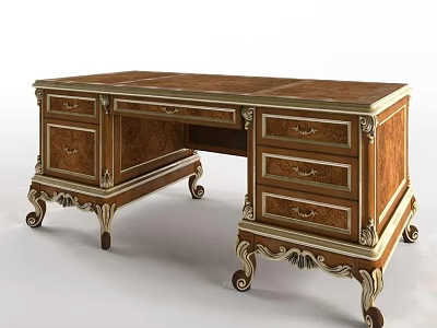 Classic Wooden Desk With Ornate Carvings Multiple Drawers Gold Accents And Curved Legs 3d model