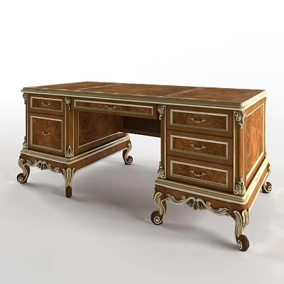 Classic Wooden Desk With Ornate Carvings Multiple Drawers Gold Accents And Curved Legs 3d model