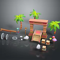 3D Scene Components With Palm Trees Archway Steps Lamp Post Rings Stones And Small Boxes 3d model