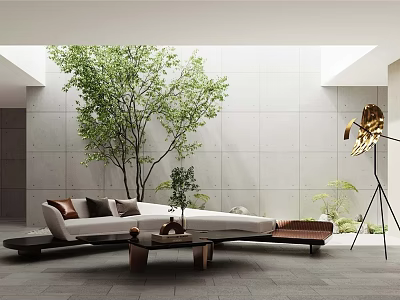 Modern Sofa And Coffee Table Set With Green Plants Golden Floor Lamp And Gray Wall 3d model