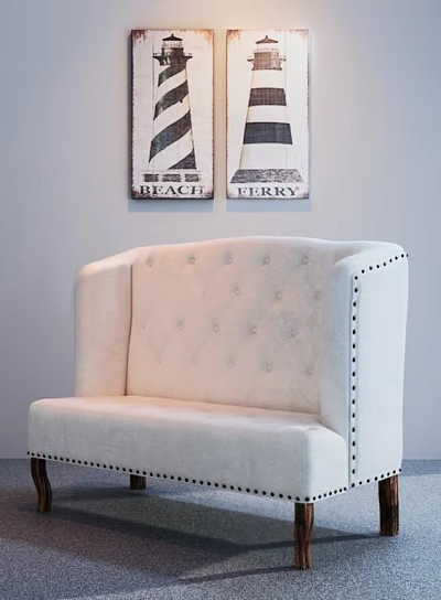 Light Beige Tufted Loveseat with Nailhead Trimmed Arms and Beach Ferry Lighthouse Wall Art 3d model