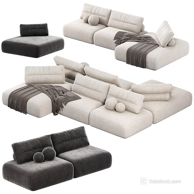 Modern Sectional Sofa Set Light Beige Dark Gray With Throw Pillows Blankets And Modular Design 3d model 