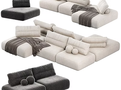 Modern Sectional Sofa Set Light Beige Dark Gray With Throw Pillows Blankets And Modular Design 3d model