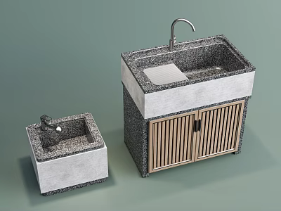 Two Modern Washbasins With Stone Surface And Wooden Cabinet Doors 3d model