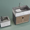 Two Modern Washbasins With Stone Surface And Wooden Cabinet Doors