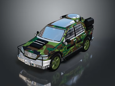 Military Vehicle With Camouflage Pattern Green Wheels Roof Equipment And Front Bumper Guard 3d model
