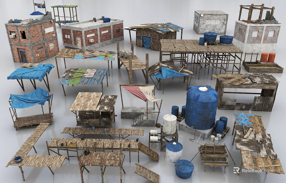 Various Wooden And Metal Building Components Including Tables Shelves Water Tanks Sheds And Brick Structures 3d model 