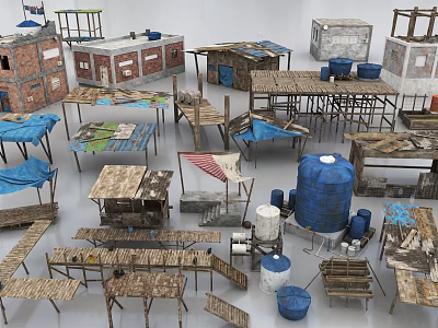 Various Wooden And Metal Building Components Including Tables Shelves Water Tanks Sheds And Brick Structures 3d model
