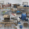 Various Wooden And Metal Building Components Including Tables Shelves Water Tanks Sheds And Brick Structures