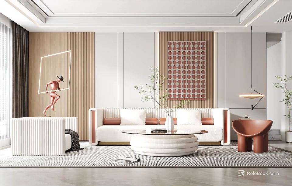 Modern Living Room Interior Design With White Sofa Round Coffee Table Wall Art And Lighting 3d model 