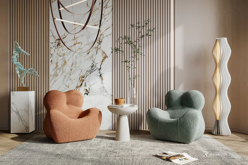 Modern Casual Sofa Set With Orange Green Curved Fluffy Seats Side Table And Marble Wall 3d model 