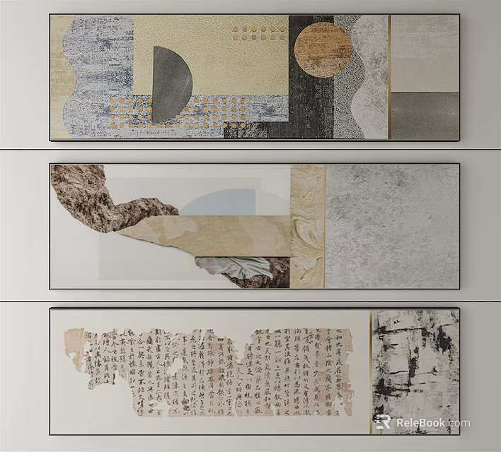 Modern Abstract Decorative Paintings With Geometric Patterns And Calligraphy Elements 3d model