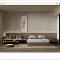 Minimalist Hotel Guest Room With Wooden Furniture Bed Wall Painting And Area Rug