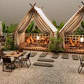 Outdoor Cafe With Tent Structure Wooden Deck Tables Chairs And Green Plants