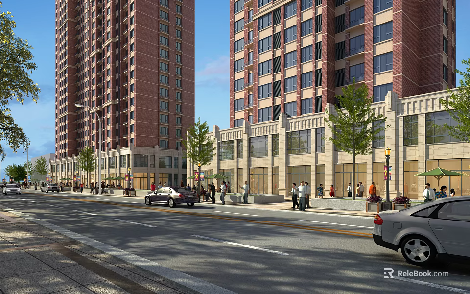 Modern Commercial Street With High Rise Buildings Storefronts Cars Pedestrians Trees And Street Lamps 3d model 