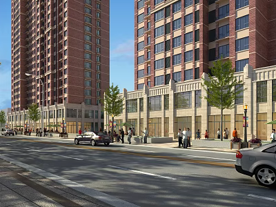 Modern Commercial Street With High Rise Buildings Storefronts Cars Pedestrians Trees And Street Lamps 3d model