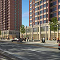 Modern Commercial Street With High Rise Buildings Storefronts Cars Pedestrians Trees And Street Lamps