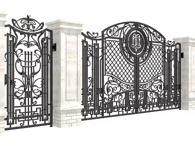 Wrought Iron Entrance Gate With Intricate Decorative Patterns And Stone Pillars 3d model