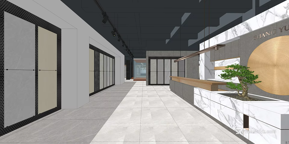Spacious Indoor Hallway With White Marble Floor Glass Doors Black Ceiling Wooden Counter Green Plant 3d model 