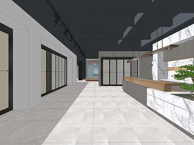 Spacious Indoor Hallway With White Marble Floor Glass Doors Black Ceiling Wooden Counter Green Plant 3d model