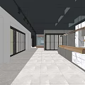 Spacious Indoor Hallway With White Marble Floor Glass Doors Black Ceiling Wooden Counter Green Plant