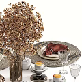 Elegant Tableware Set With Red Napkins Glass Cups And Dried Flowers