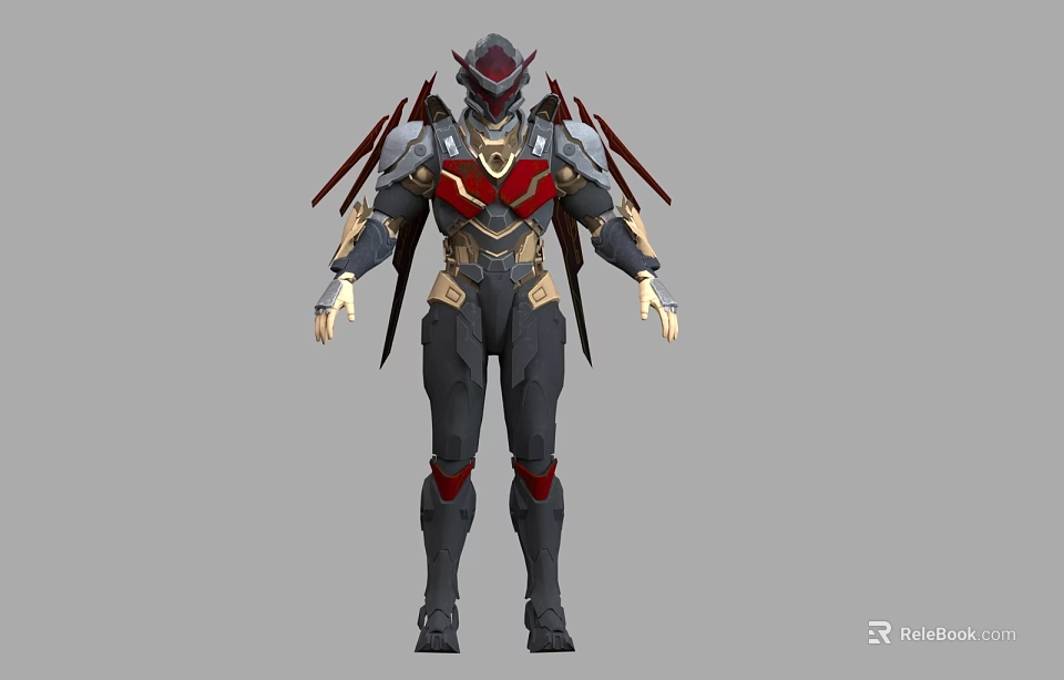 Futuristic Game Movie Warrior Character With Red Black Armor And Winged Design 3d model 
