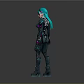 Sleek Futuristic Female Character With Teal Hair Black Bodysuit Green Glowing Lines